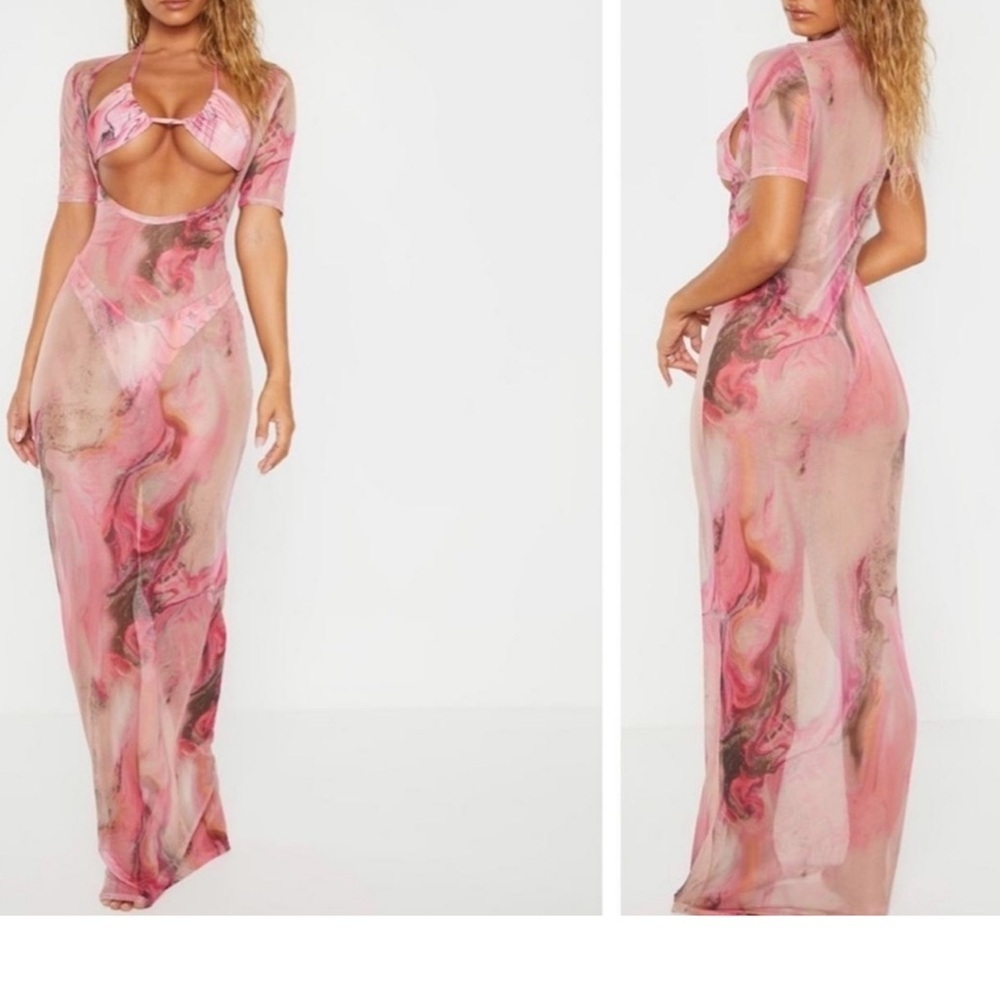 NWT PrettyLittleThing Pink Marble Dress & Bikini Set size 8